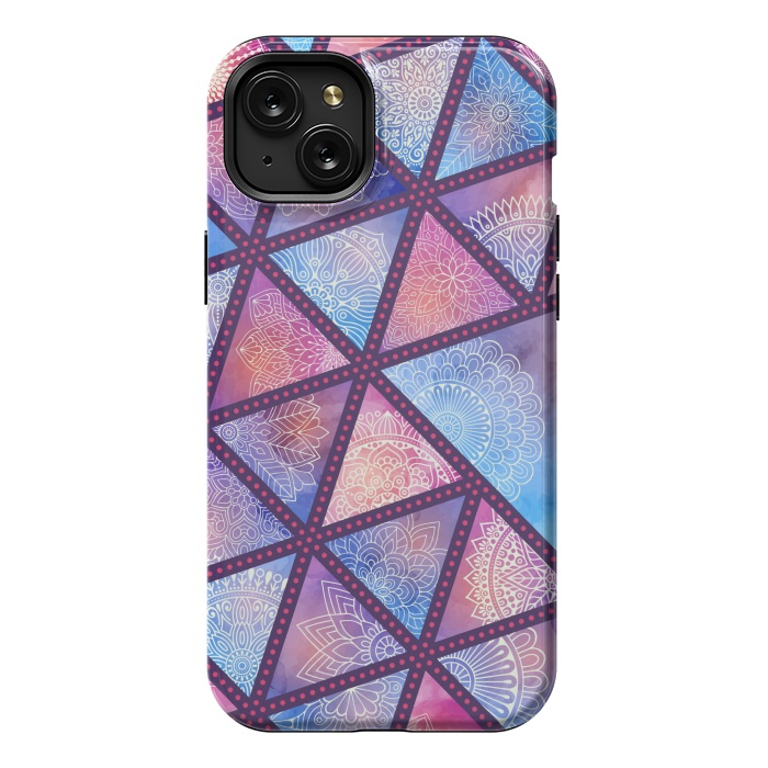 iPhone 15 Plus StrongFit triangle mandala pattern blue pink by MALLIKA