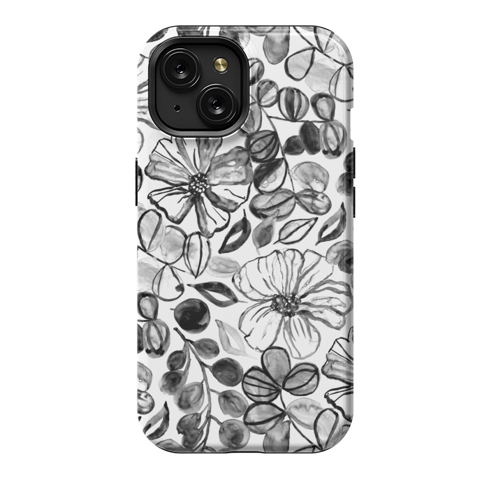 iPhone 15 StrongFit Black & White Painted Floral  by Tigatiga