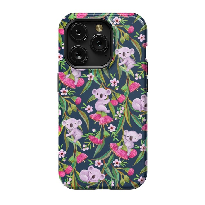 iPhone 15 Pro StrongFit Teeny Tiny Koalas with Tea Tree Blossoms and Eucalyptus Flowers by Micklyn Le Feuvre