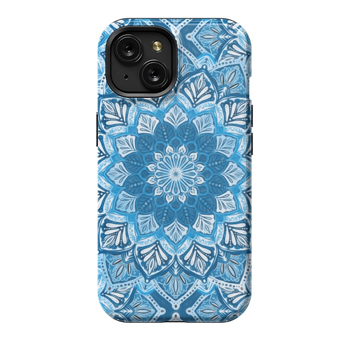 iPhone 15 StrongFit Boho Mandala in Monochrome Blue and White by Micklyn Le Feuvre