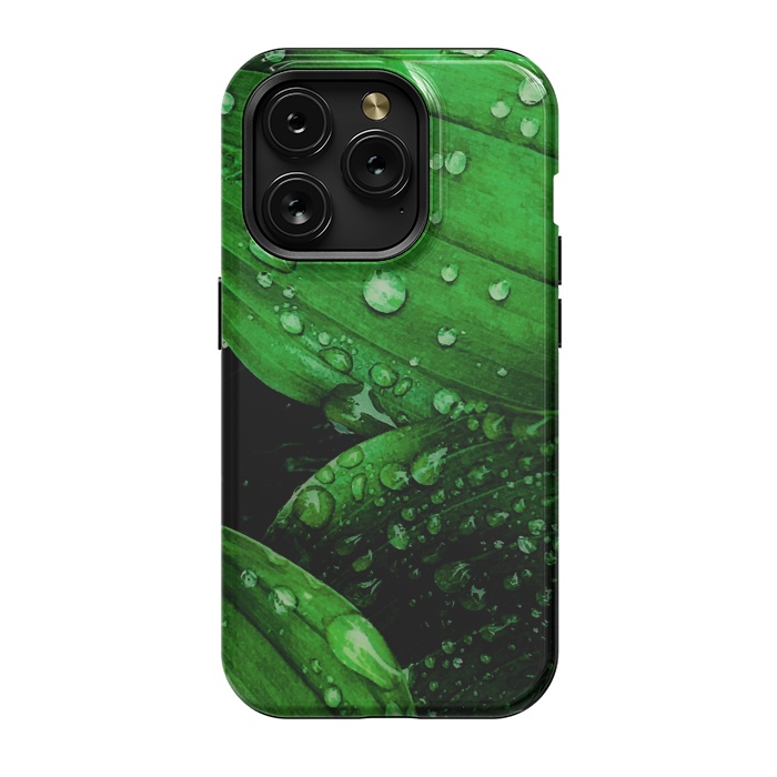 iPhone 15 Pro StrongFit green leaf with raindrops by haroulita