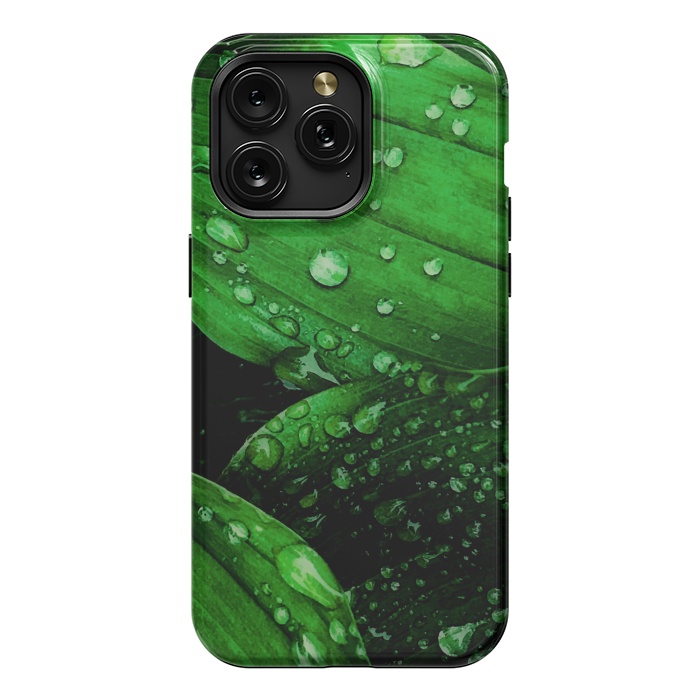 iPhone 15 Pro Max StrongFit green leaf with raindrops by haroulita