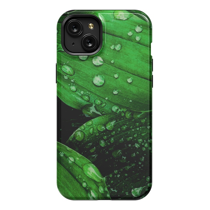 iPhone 15 Plus StrongFit green leaf with raindrops by haroulita