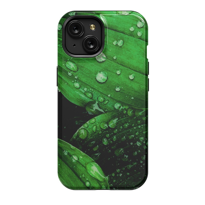 iPhone 15 StrongFit green leaf with raindrops by haroulita