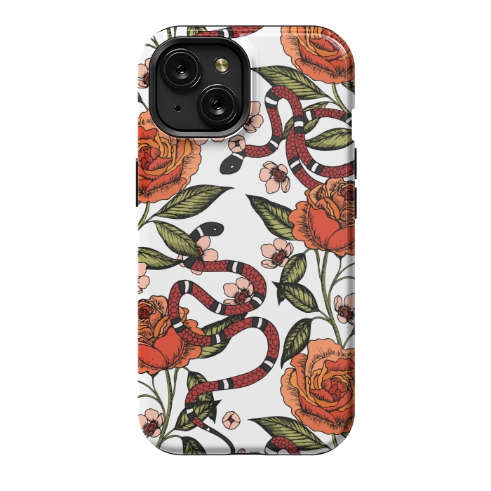 iPhone 15 StrongFit Roses and snake. White pattern by Julia Badeeva