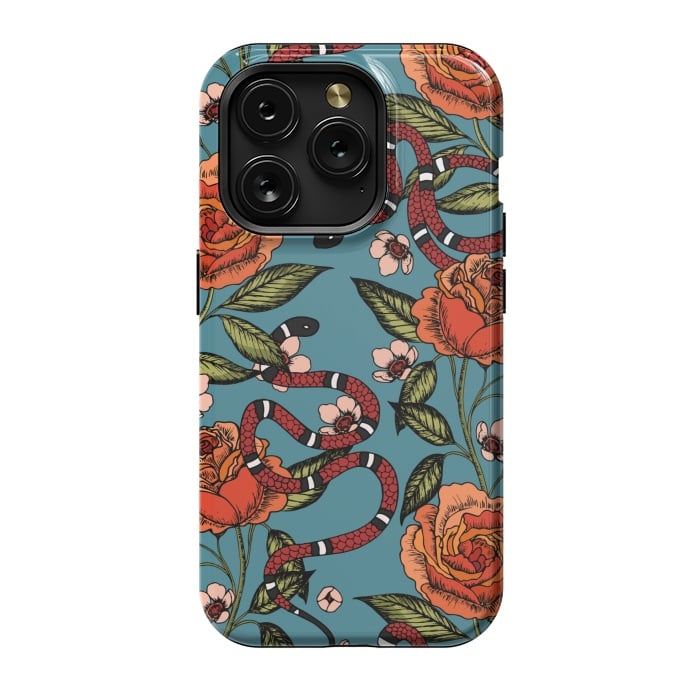 iPhone 15 Pro StrongFit Roses and snake. Blue pattern by Julia Badeeva