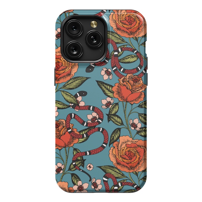 iPhone 15 Pro Max StrongFit Roses and snake. Blue pattern by Julia Badeeva