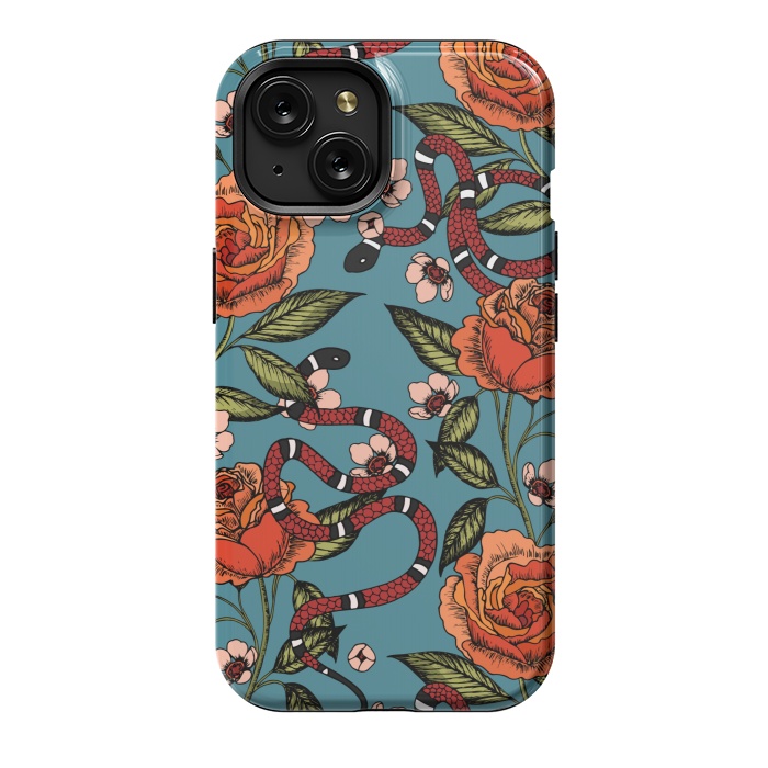 iPhone 15 StrongFit Roses and snake. Blue pattern by Julia Badeeva