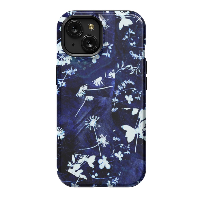 iPhone 15 StrongFit Pressed flowers indigo cyanotype by Oana 