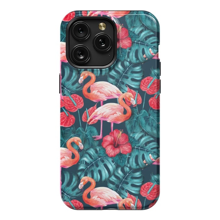 iPhone 15 Pro Max StrongFit Flamingo birds and tropical garden watercolor by Katerina Kirilova