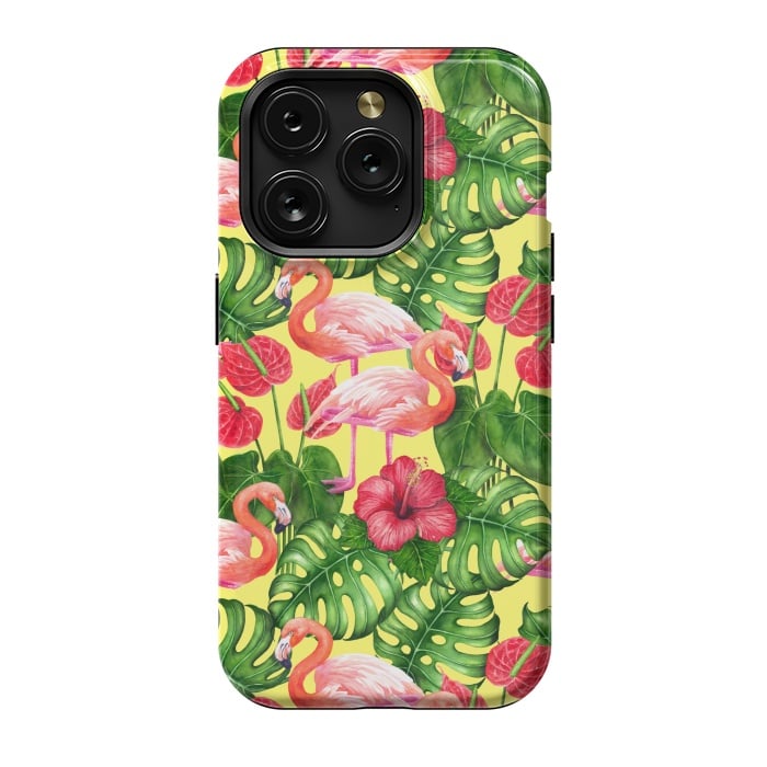 iPhone 15 Pro StrongFit Flamingo birds and tropical garden watercolor 2 by Katerina Kirilova