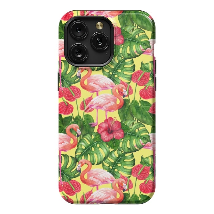 iPhone 15 Pro Max StrongFit Flamingo birds and tropical garden watercolor 2 by Katerina Kirilova