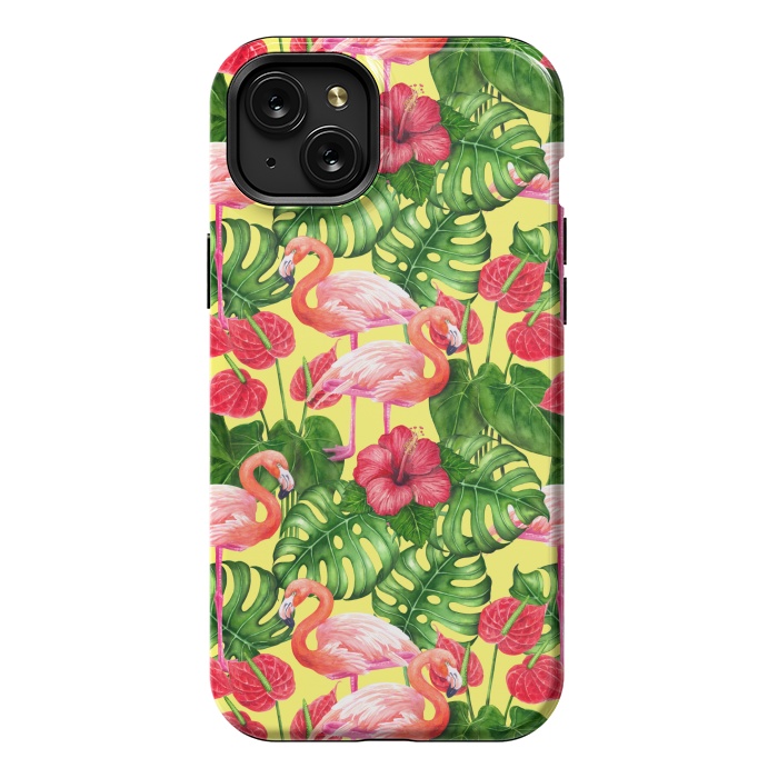 iPhone 15 Plus StrongFit Flamingo birds and tropical garden watercolor 2 by Katerina Kirilova