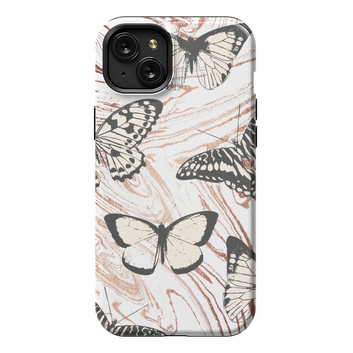 iPhone 15 Plus StrongFit Butterflies and gold painted marble by Oana 