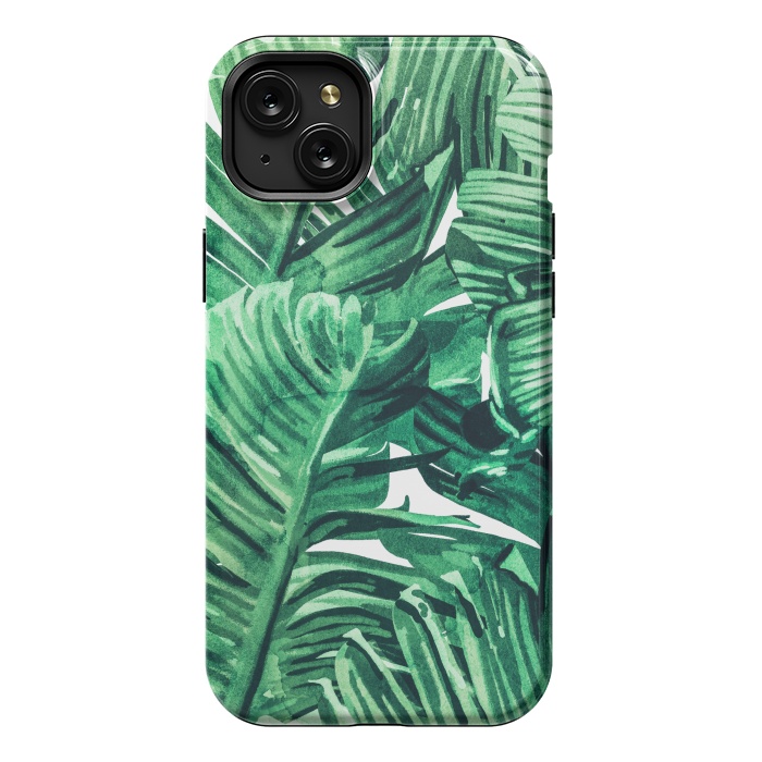 iPhone 15 Plus StrongFit Tropical State of Mind | Watercolor Palm Banana Leaves Painting | Botanical Jungle Bohemian Plants by Uma Prabhakar Gokhale