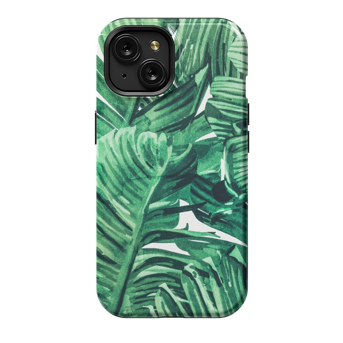 iPhone 15 StrongFit Tropical State of Mind | Watercolor Palm Banana Leaves Painting | Botanical Jungle Bohemian Plants by Uma Prabhakar Gokhale