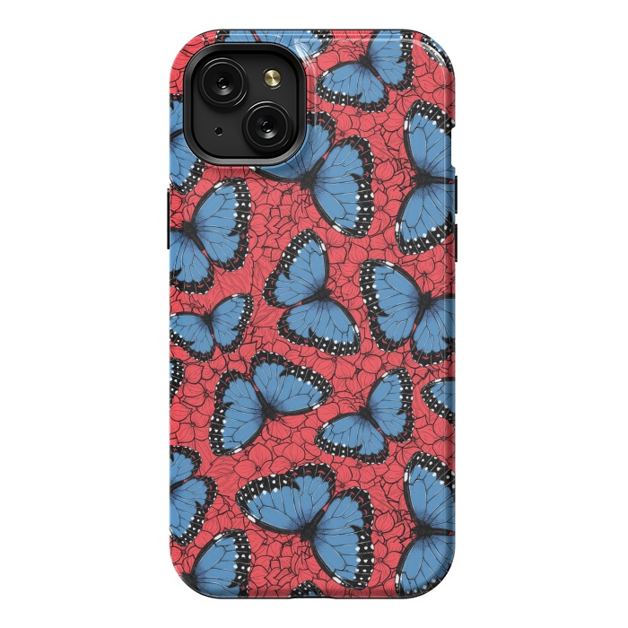 iPhone 15 Plus StrongFit Blue Morpho butterfly on red hydrangea by Katerina Kirilova