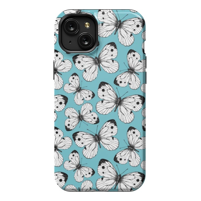 iPhone 15 Plus StrongFit Cabbage butterfly pattern on blue by Katerina Kirilova