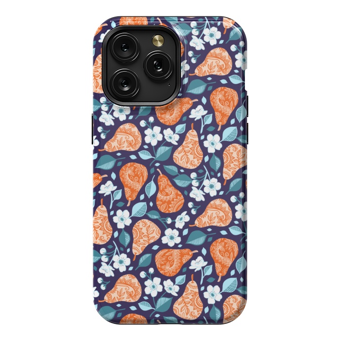 iPhone 15 Pro Max StrongFit Cheerful Pears in Orange on Navy Blue by Micklyn Le Feuvre