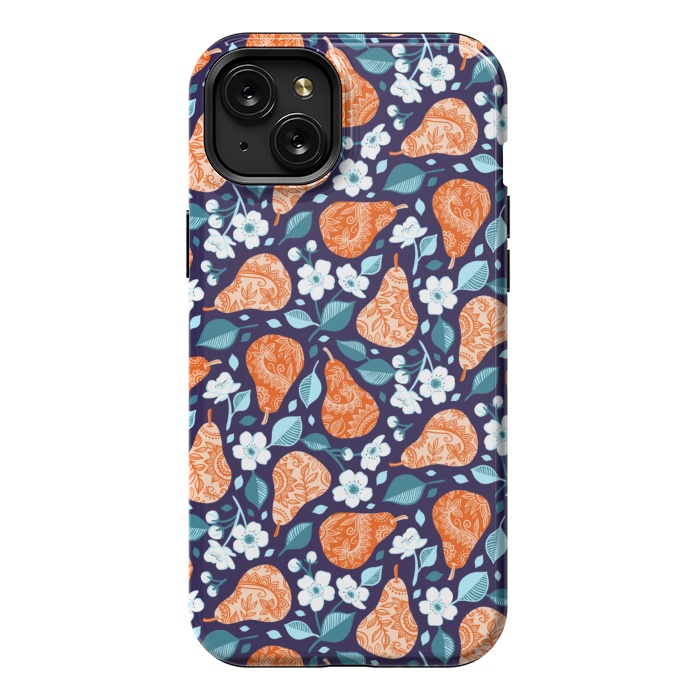 iPhone 15 Plus StrongFit Cheerful Pears in Orange on Navy Blue by Micklyn Le Feuvre