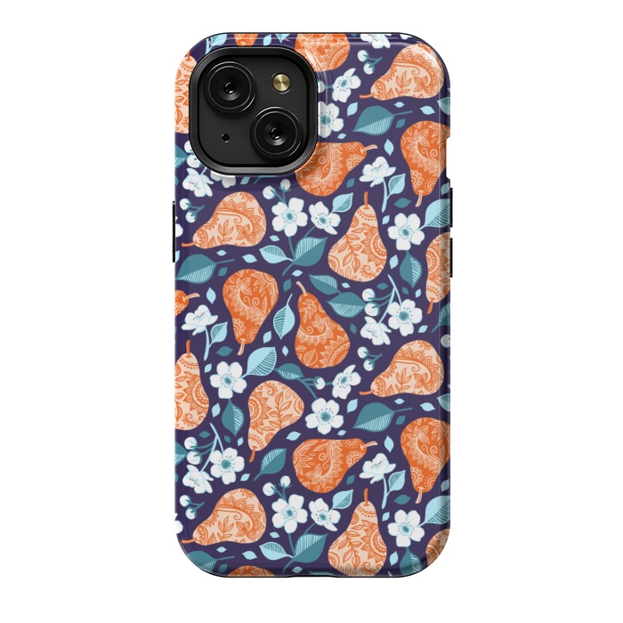 iPhone 15 StrongFit Cheerful Pears in Orange on Navy Blue by Micklyn Le Feuvre