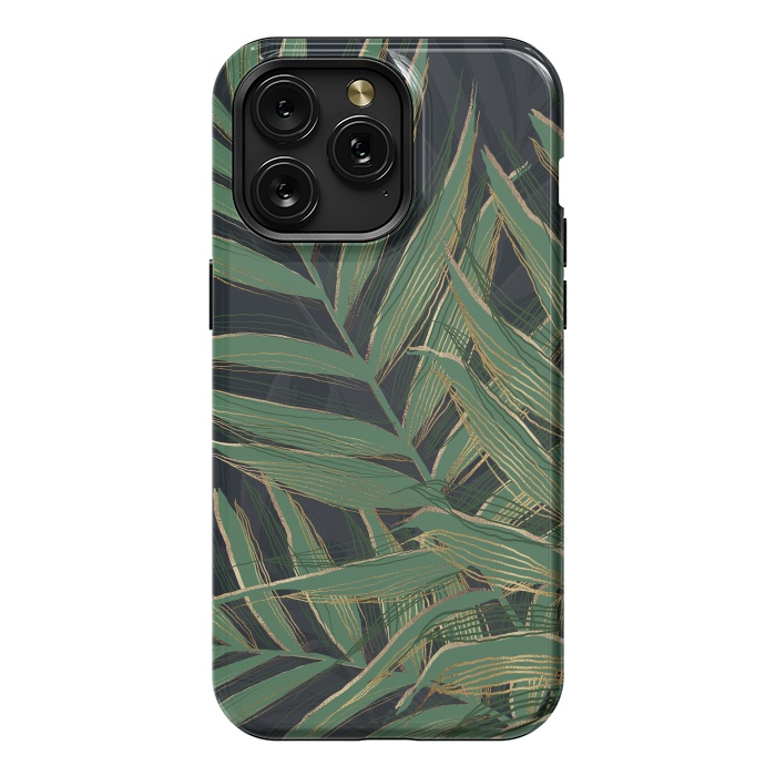 iPhone 15 Pro Max StrongFit Trendy Green Palm Leaves Gold Strokes Gray Design by InovArts