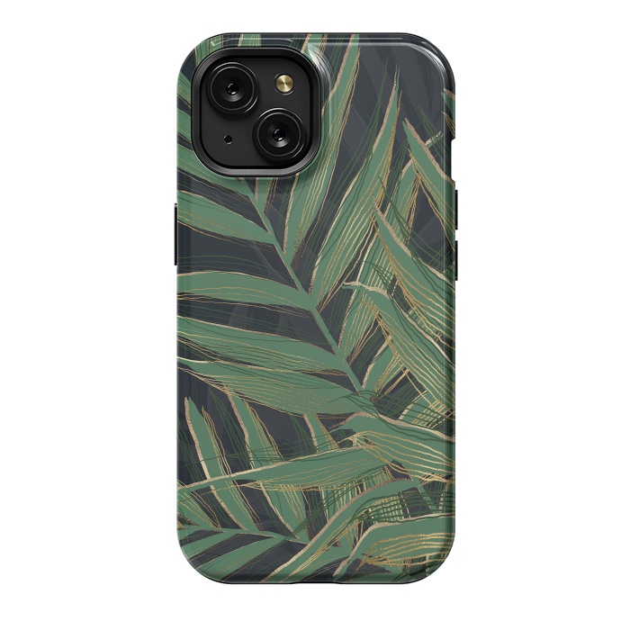 iPhone 15 StrongFit Trendy Green Palm Leaves Gold Strokes Gray Design by InovArts