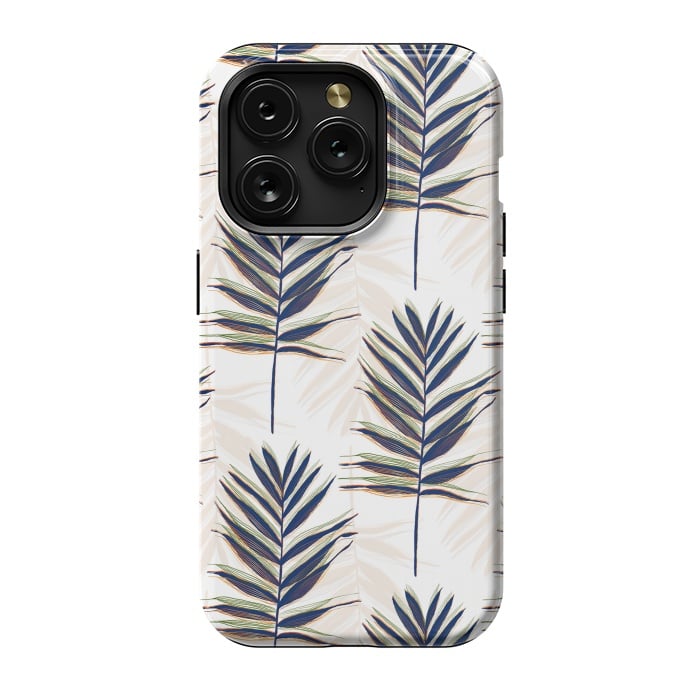 iPhone 15 Pro StrongFit Modern Blue Palm Leaves Gold Strokes White Design by InovArts