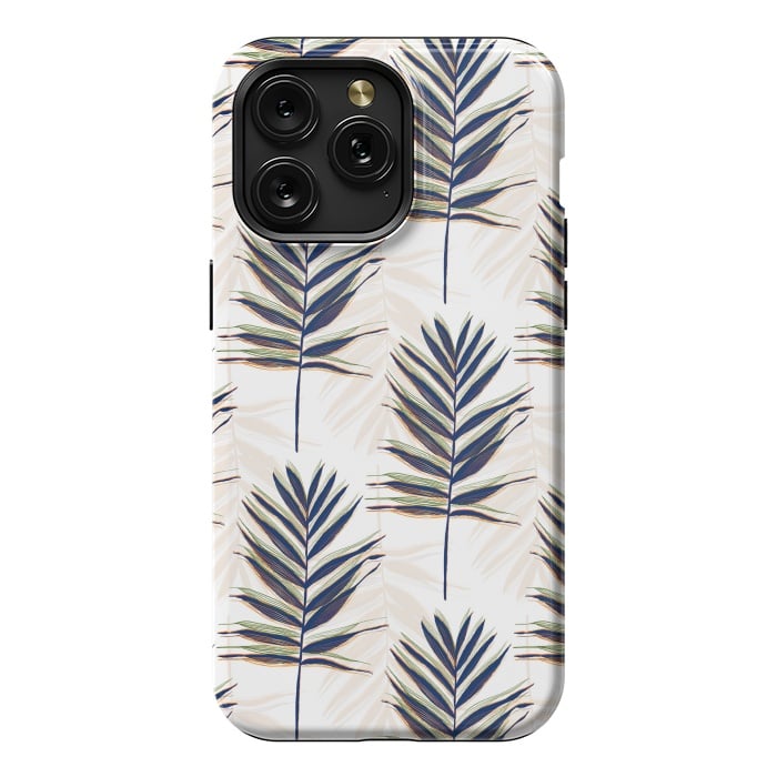 iPhone 15 Pro Max StrongFit Modern Blue Palm Leaves Gold Strokes White Design by InovArts