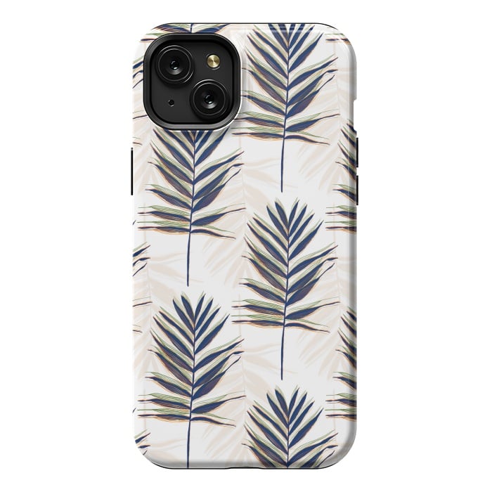 iPhone 15 Plus StrongFit Modern Blue Palm Leaves Gold Strokes White Design by InovArts