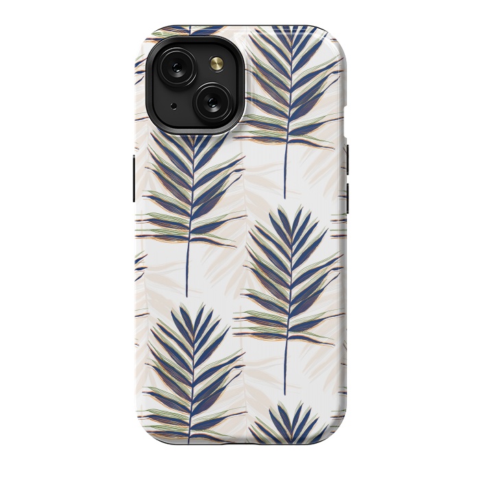 iPhone 15 StrongFit Modern Blue Palm Leaves Gold Strokes White Design by InovArts