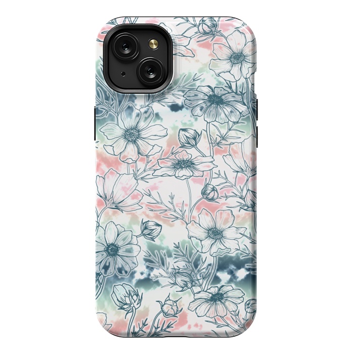 iPhone 15 Plus StrongFit Fields of Cosmos in Coral, Mint and Navy Tied Dye by gingerlique