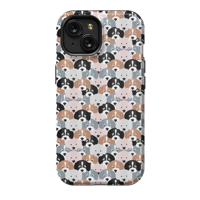 iPhone 15 StrongFit Cute Black Brown Pink Grey Puppy Dogs Illustration by InovArts