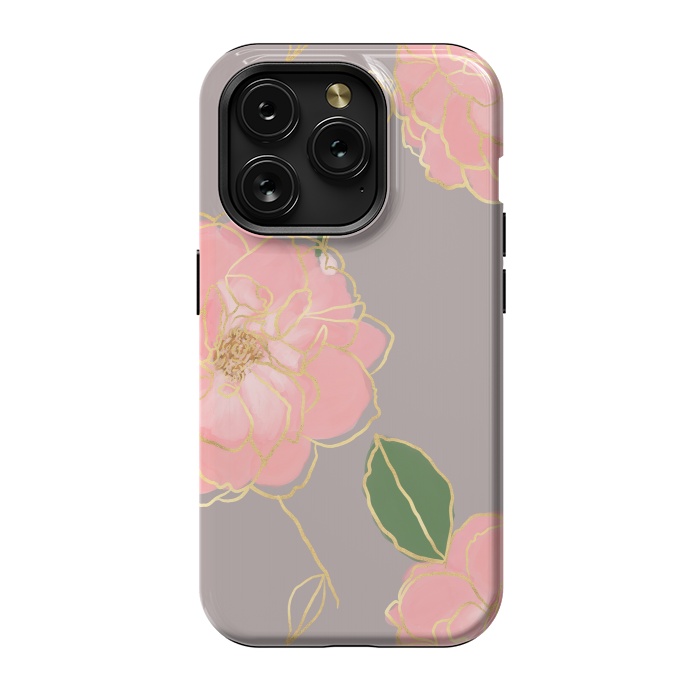 iPhone 15 Pro StrongFit Elegant Pink & Gold Watercolor Roses Gray Design by InovArts