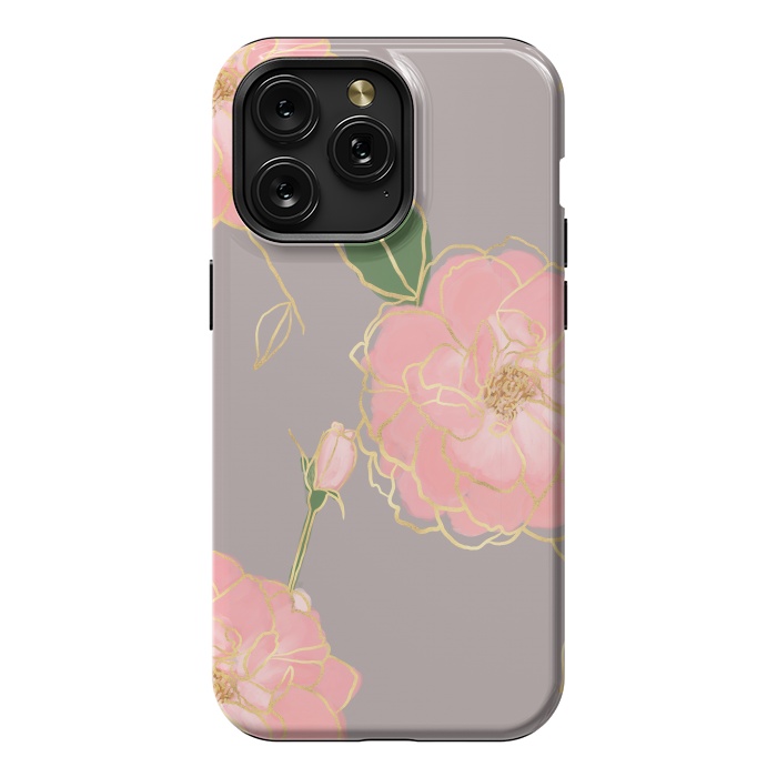 iPhone 15 Pro Max StrongFit Elegant Pink & Gold Watercolor Roses Gray Design by InovArts