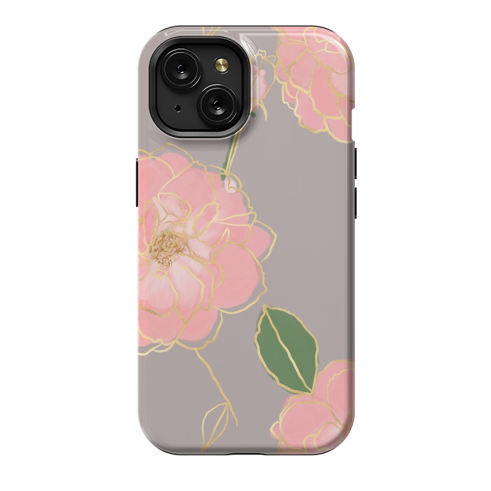 iPhone 15 StrongFit Elegant Pink & Gold Watercolor Roses Gray Design by InovArts