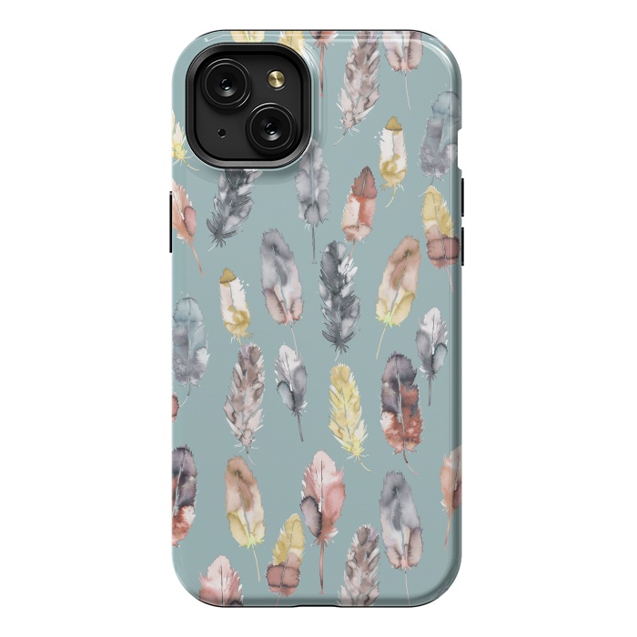iPhone 15 Plus StrongFit Boho Feathers Watercolor Yellow by Ninola Design