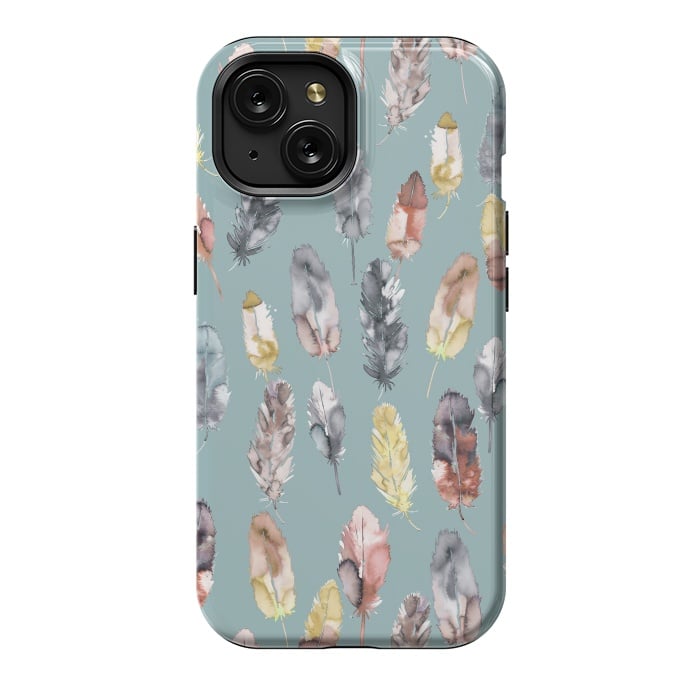 iPhone 15 StrongFit Boho Feathers Watercolor Yellow by Ninola Design