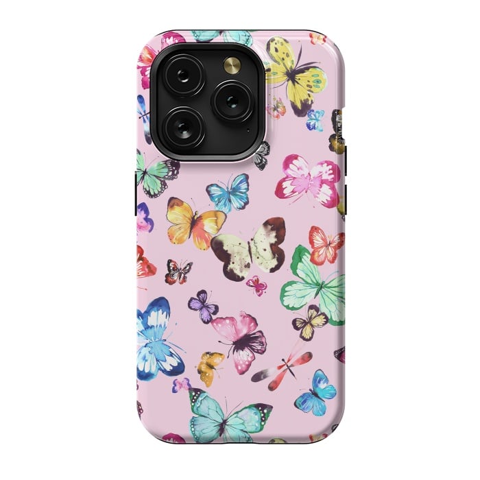 iPhone 15 Pro StrongFit Watercolor Pink Butterflies by Ninola Design