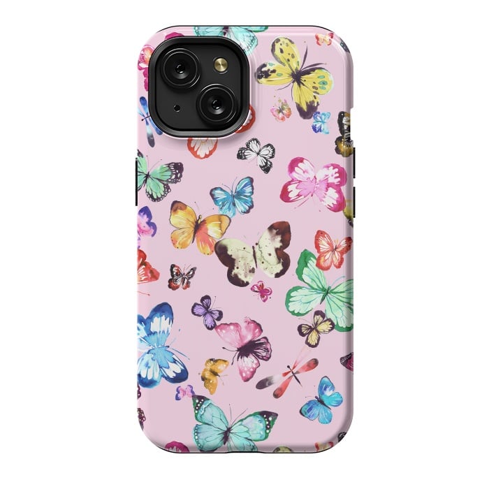 iPhone 15 StrongFit Watercolor Pink Butterflies by Ninola Design
