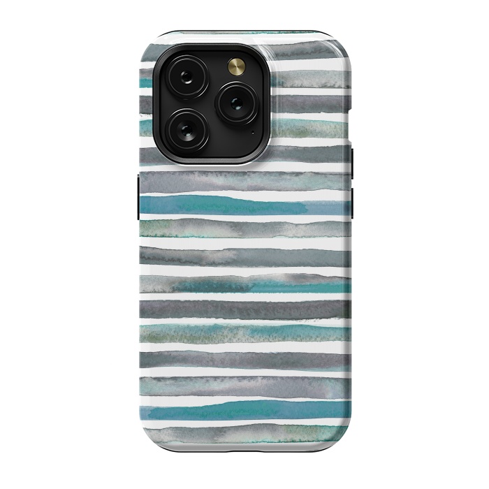 iPhone 15 Pro StrongFit Watercolor Stripes and Lines Blue Aqua by Ninola Design