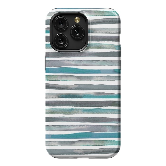iPhone 15 Pro Max StrongFit Watercolor Stripes and Lines Blue Aqua by Ninola Design