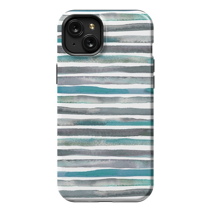 iPhone 15 Plus StrongFit Watercolor Stripes and Lines Blue Aqua by Ninola Design