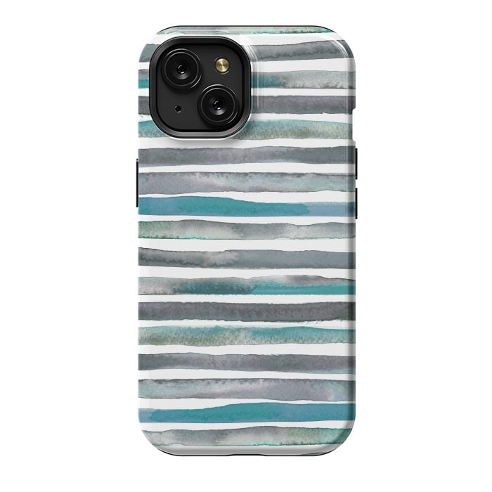iPhone 15 StrongFit Watercolor Stripes and Lines Blue Aqua by Ninola Design