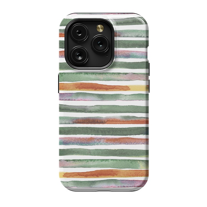 iPhone 15 Pro StrongFit Watercolor Stripes and Lines Green Orange by Ninola Design