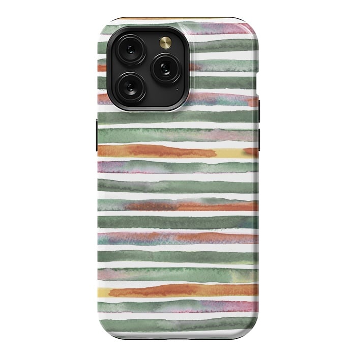 iPhone 15 Pro Max StrongFit Watercolor Stripes and Lines Green Orange by Ninola Design