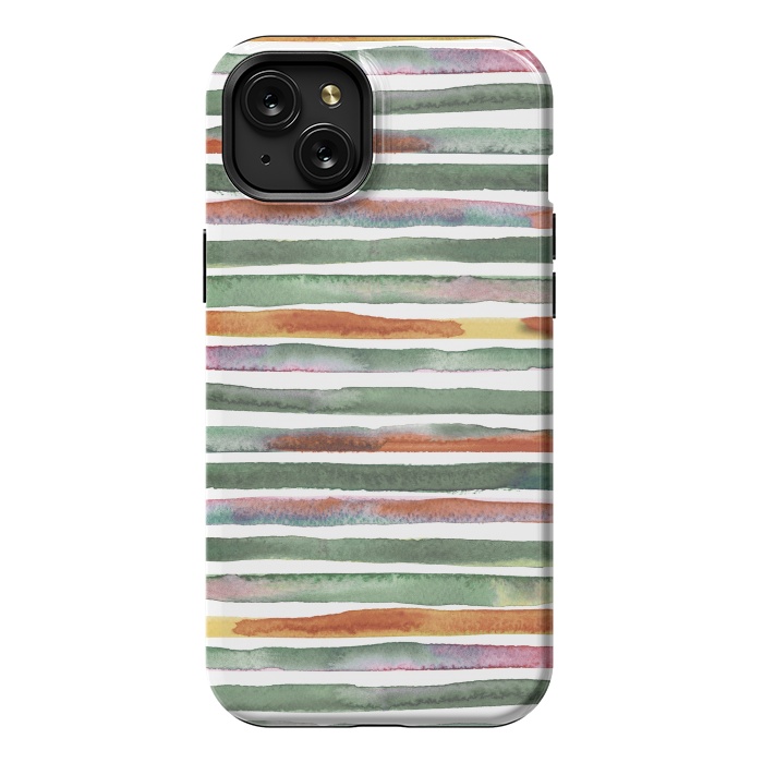 iPhone 15 Plus StrongFit Watercolor Stripes and Lines Green Orange by Ninola Design