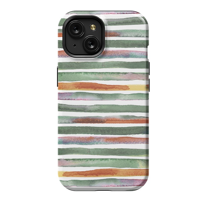 iPhone 15 StrongFit Watercolor Stripes and Lines Green Orange by Ninola Design