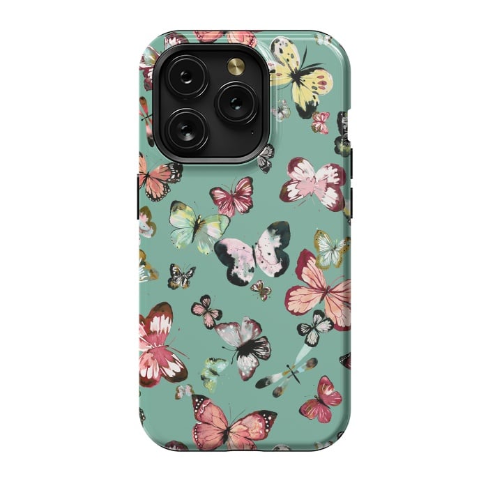 iPhone 15 Pro StrongFit Flying Butterflies Watercolor Teal by Ninola Design