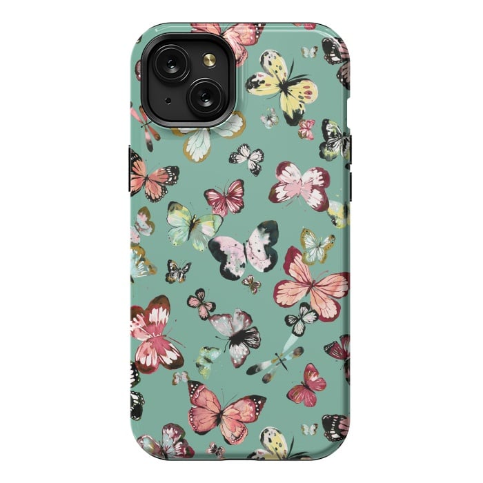 iPhone 15 Plus StrongFit Flying Butterflies Watercolor Teal by Ninola Design